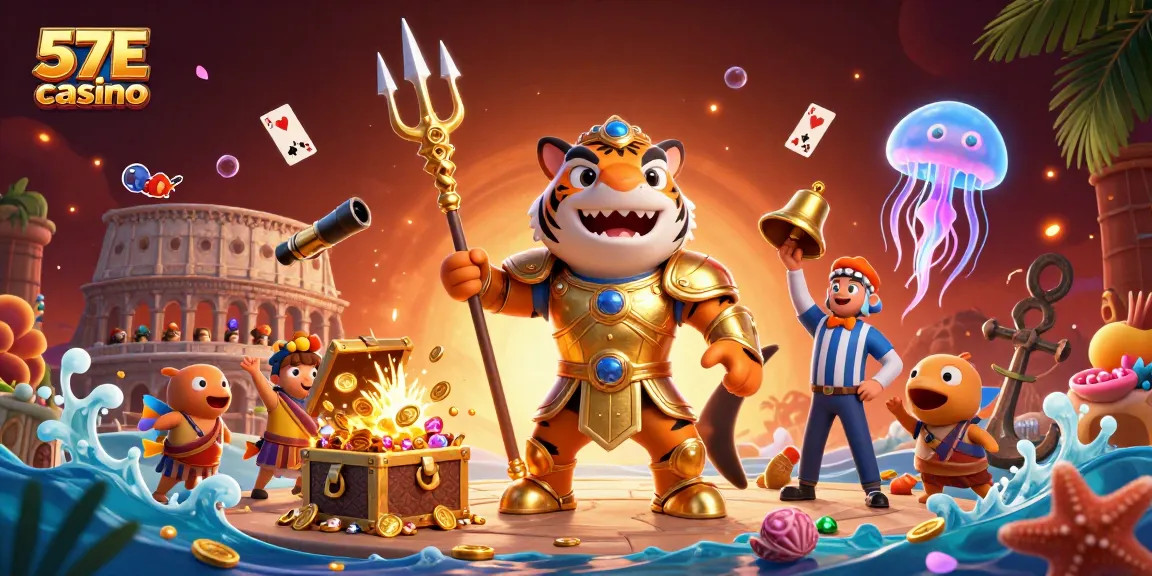 Engage in thrilling underwater adventures at 57E casino with a dynamic scene featuring vibrant characters and action-packed gaming.