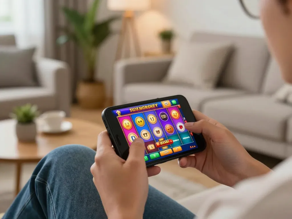 Engaging in mobile gaming with trusted online slots for game bài đổi thưởng uy tín, showcasing user excitement