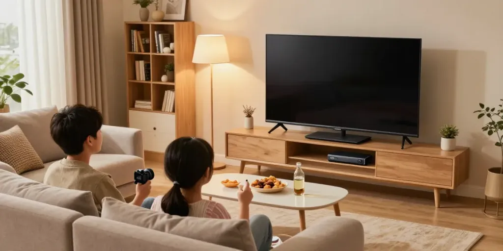 Família assistindo Youcine APK para TV em ambiente aconchegante.