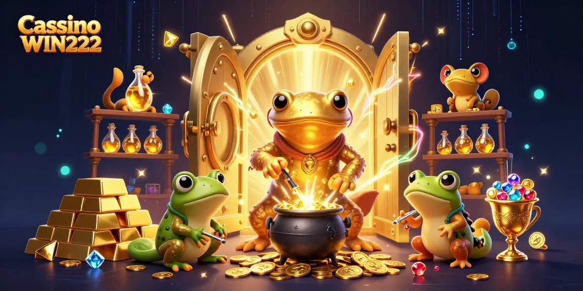 Cassino WIN222 showcases a vibrant scene of a golden salamander alchemist, frogs, and newts amid treasures and casino elements.