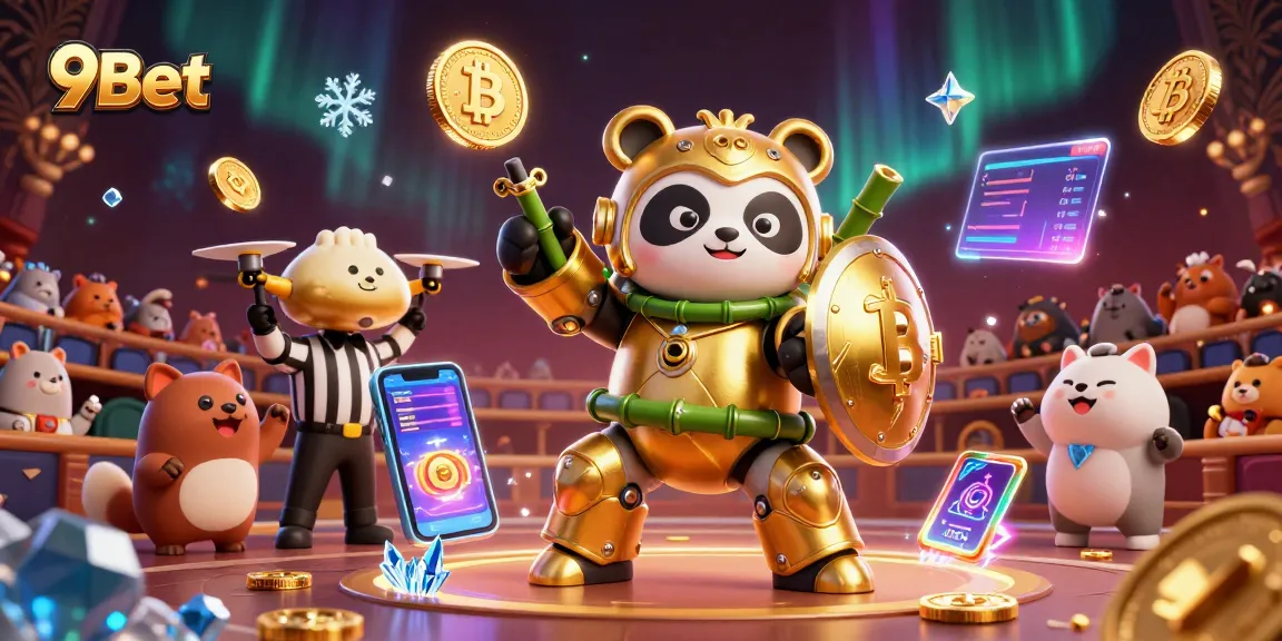 Engaging scene at 9Bet showing a golden panda in a mech-suit with cryptocurrencies around.