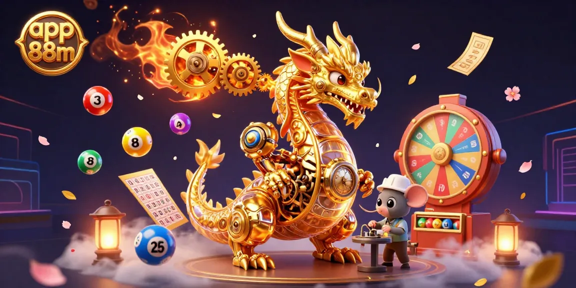 Experience the excitement of app 88m with a dynamic 3D illustration featuring a golden dragon and gaming elements.