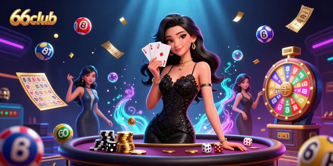 Engage in the thrill of 66club with an elegant Asian woman holding playing cards amidst vibrant lottery elements.