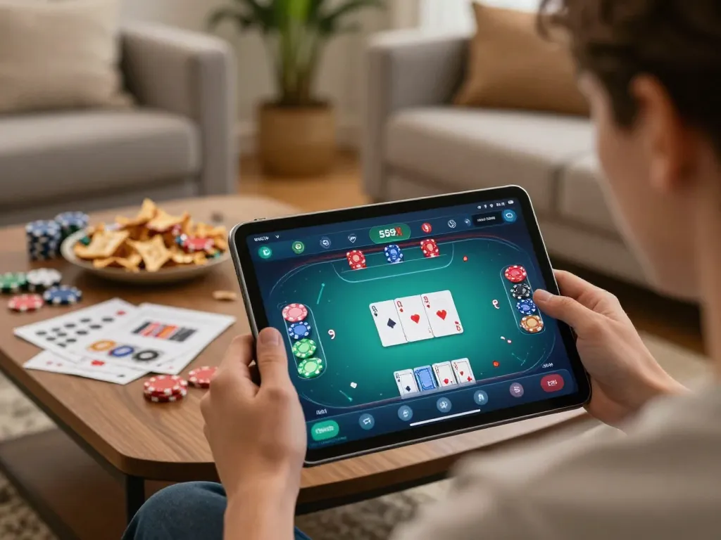 Engaging with the aplicativo 559X for online gambling in a cozy home setting, showcasing poker game interface and cozy ambiance.