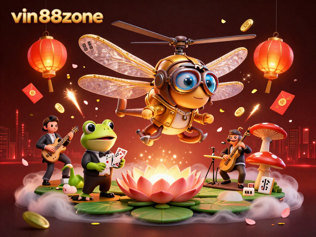 Engage in thrilling gameplay at vin88zone with a lively casino scene featuring unique characters and festive elements.
