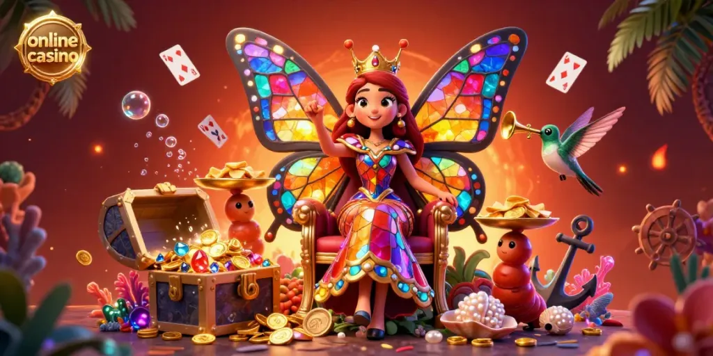 Experience the vibrant atmosphere of an online casino scene featuring a butterfly queen with treasures and lively gameplay.