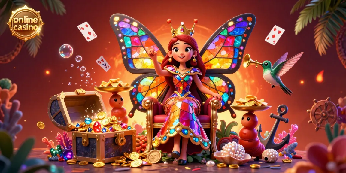 Experience the vibrant atmosphere of an online casino scene featuring a butterfly queen with treasures and lively gameplay.