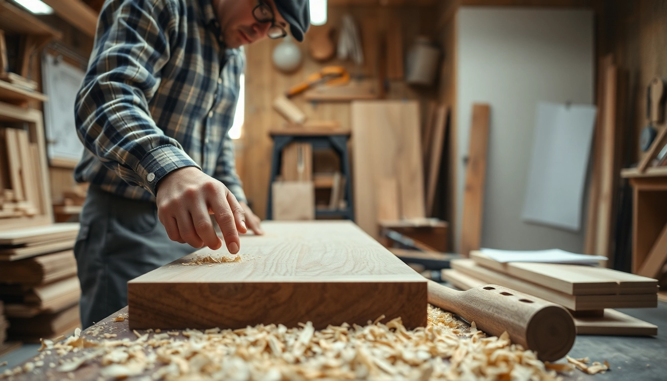 Skilled cabinet maker meticulously crafting custom wooden furniture in a vibrant workshop.