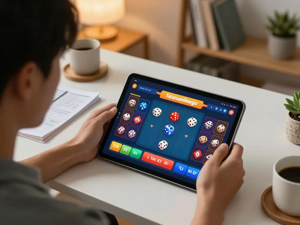 Player engaging with taixiuonlinego app on tablet for online gaming, showcasing responsible gambling.