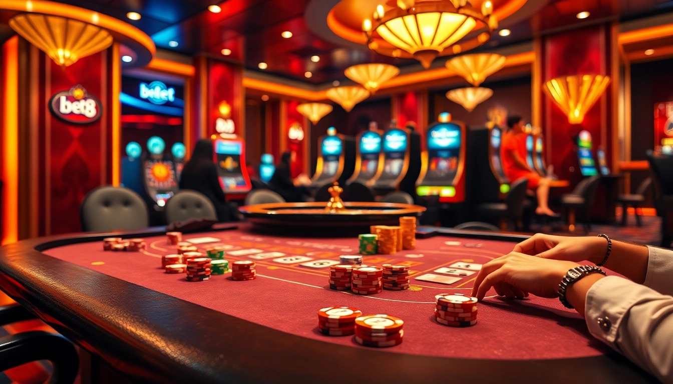 Engaged players at a bet 88 casino table, showcasing vibrant chips and cards in action.