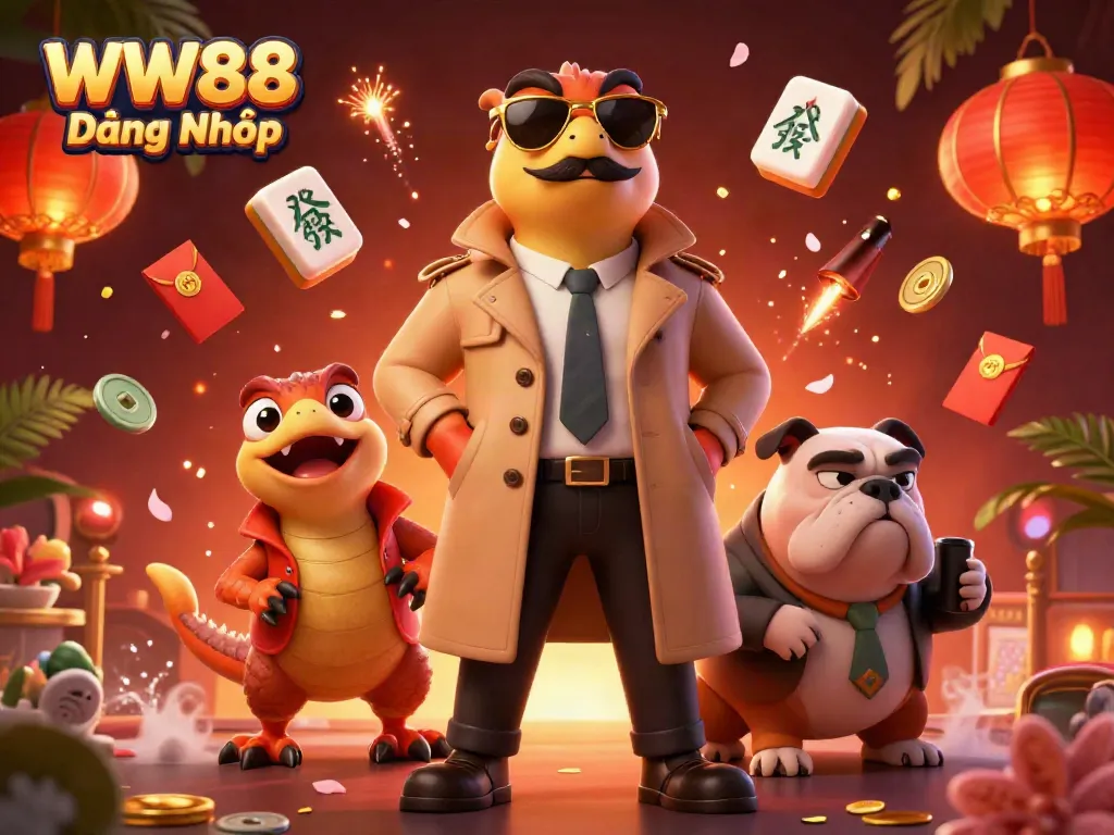 Experience WW88 Đăng Nhập as three 3D cartoon raptors in a trench coat attempt VIP access, amidst casino-themed elements.