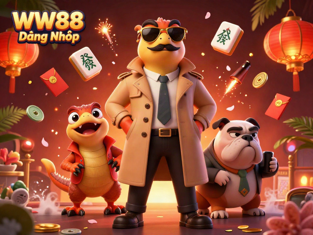 Experience WW88 Đăng Nhập as three 3D cartoon raptors in a trench coat attempt VIP access, amidst casino-themed elements.