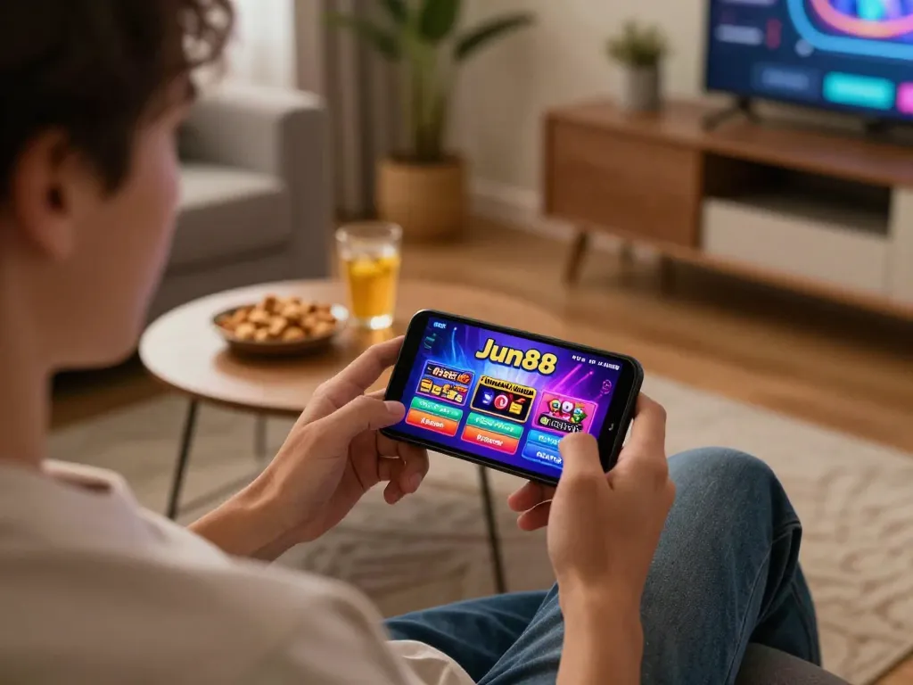 Engaging with Jun88 phiên bản 1 casino app on smartphone in a cozy home setting