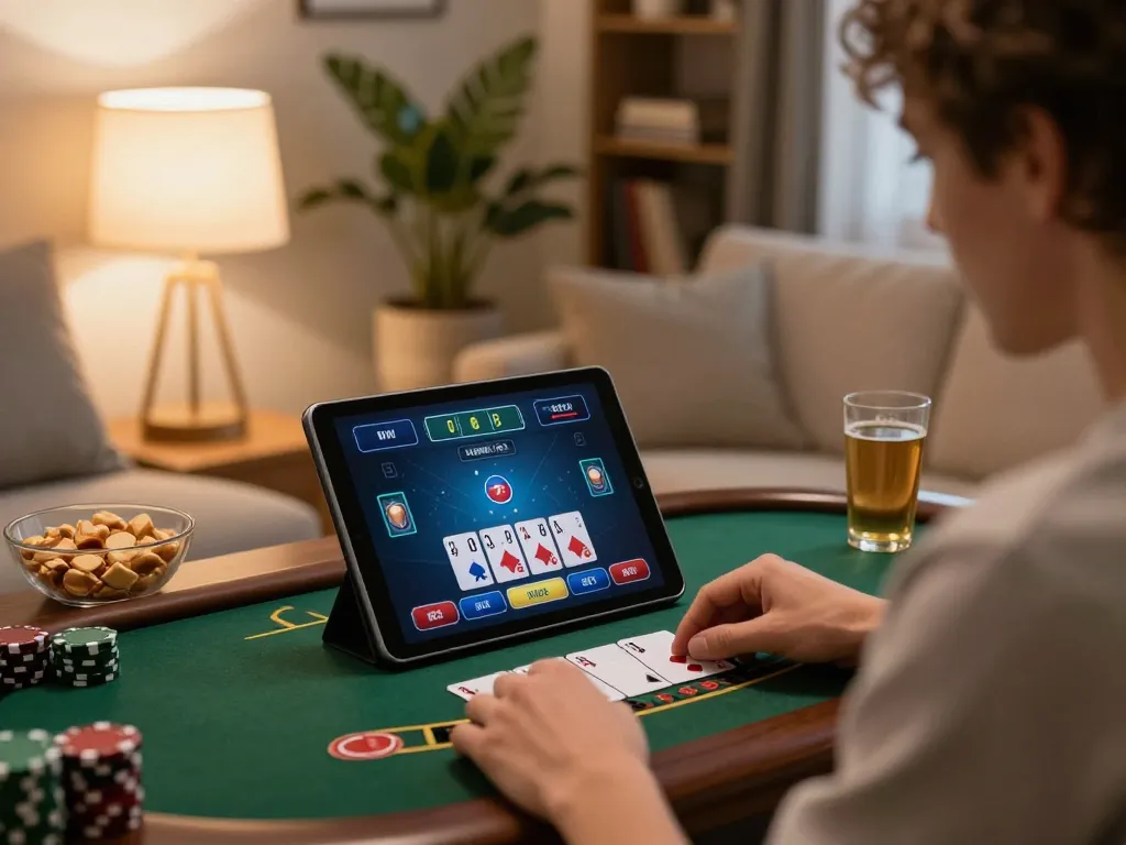 27G players enjoying live dealer blackjack at home with engaging tablet interface and cozy ambiance