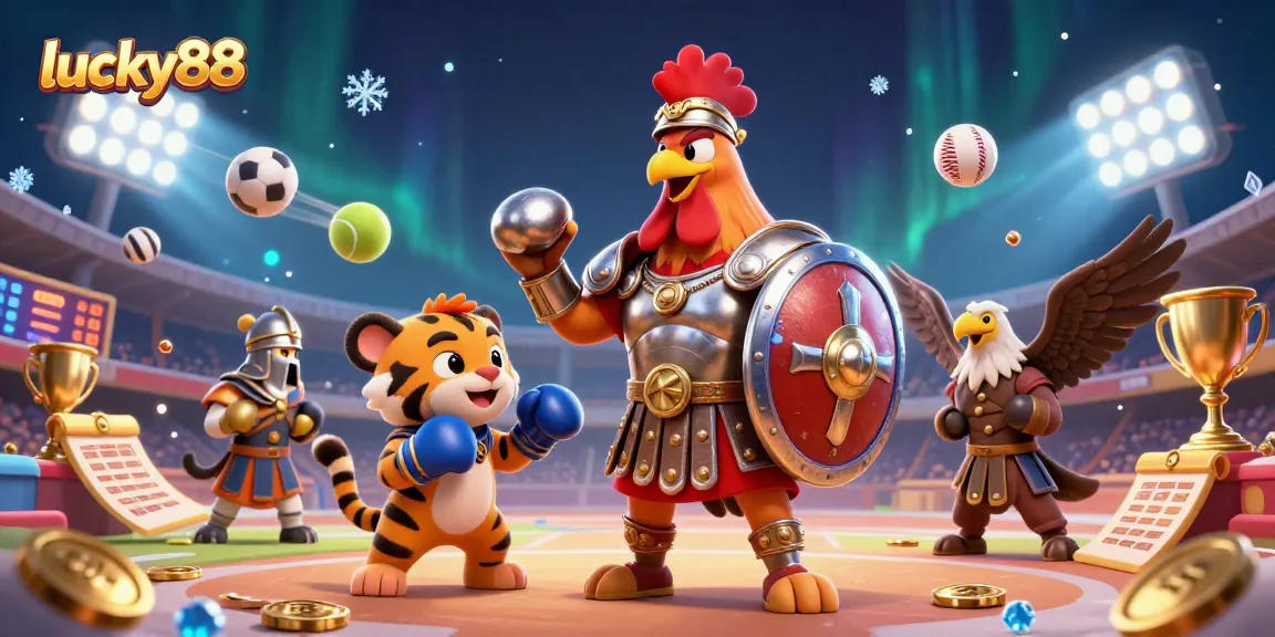 Experience excitement with lucky88 in a vibrant sports betting arena featuring dynamic characters.