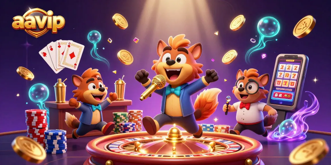 Aavip's comedy casino club features hyenas entertaining while cascading coins create excitement.