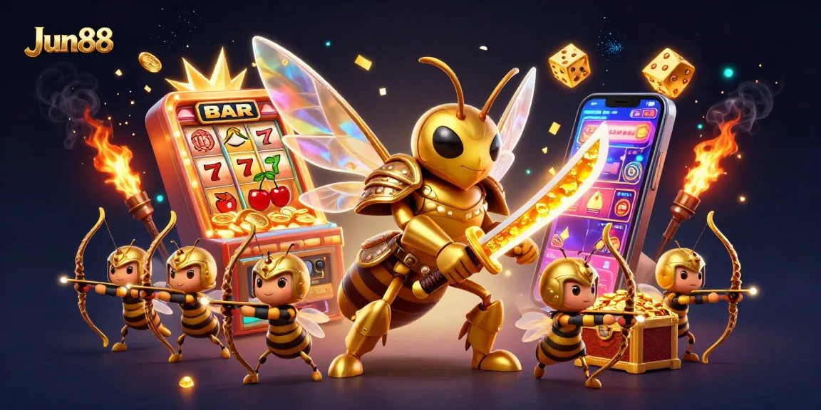Experience the excitement at Jun88 with a dynamic 3D casino illustration featuring a golden hornet in action.