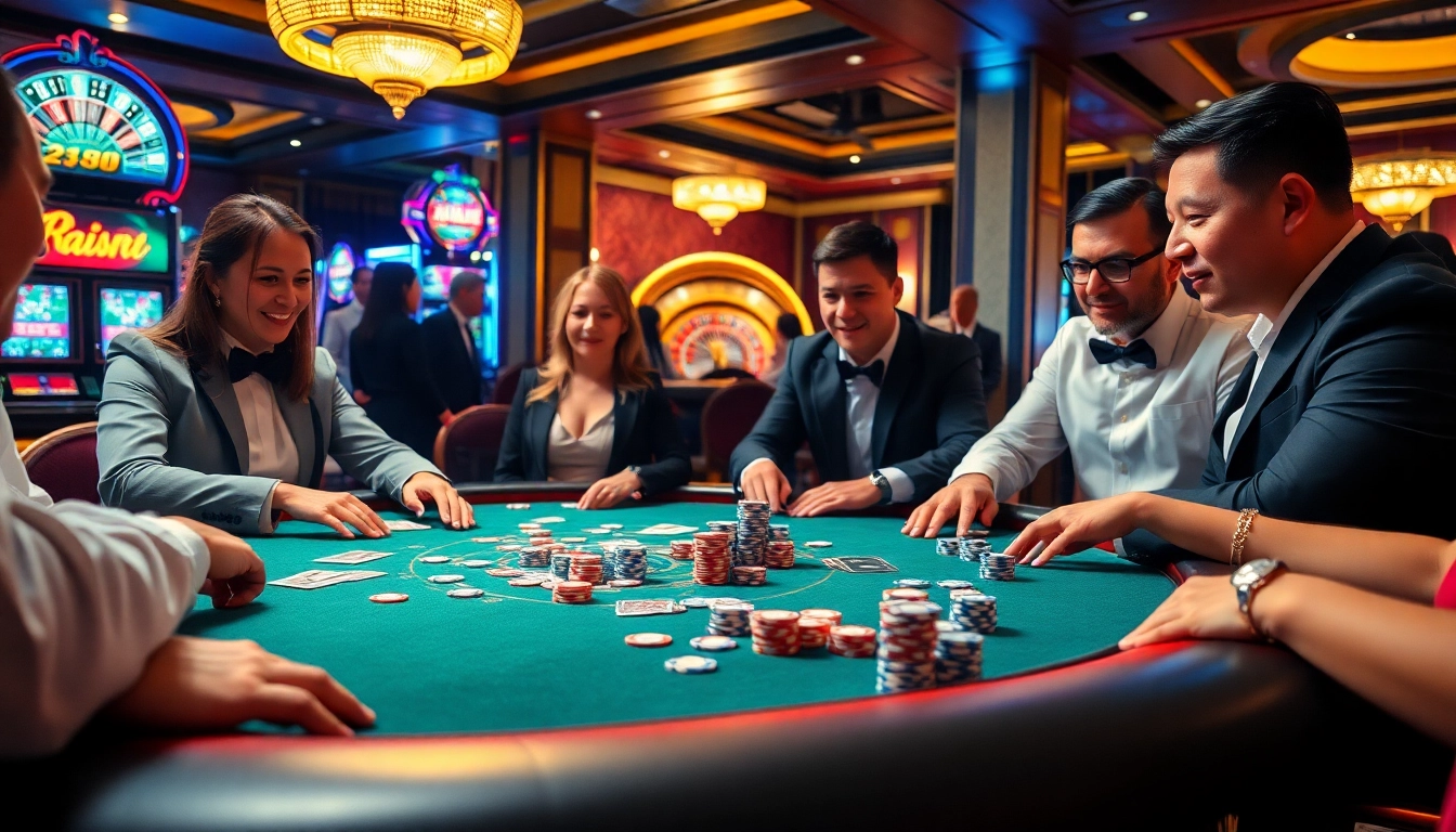 Players enjoying an engaging game at a go8 casino, showcasing excitement and luxury with vibrant chips and cards.