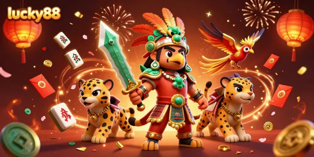 Engage in epic wins at lucky88 with vibrant Aztec-themed 3D casino scene bursting with celebratory elements.