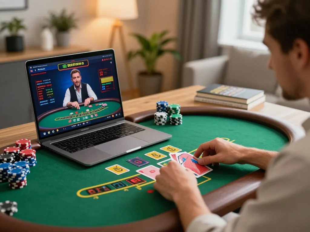Engaging in a strategic live blackjack game on 888bgo at home, highlighting a cozy environment