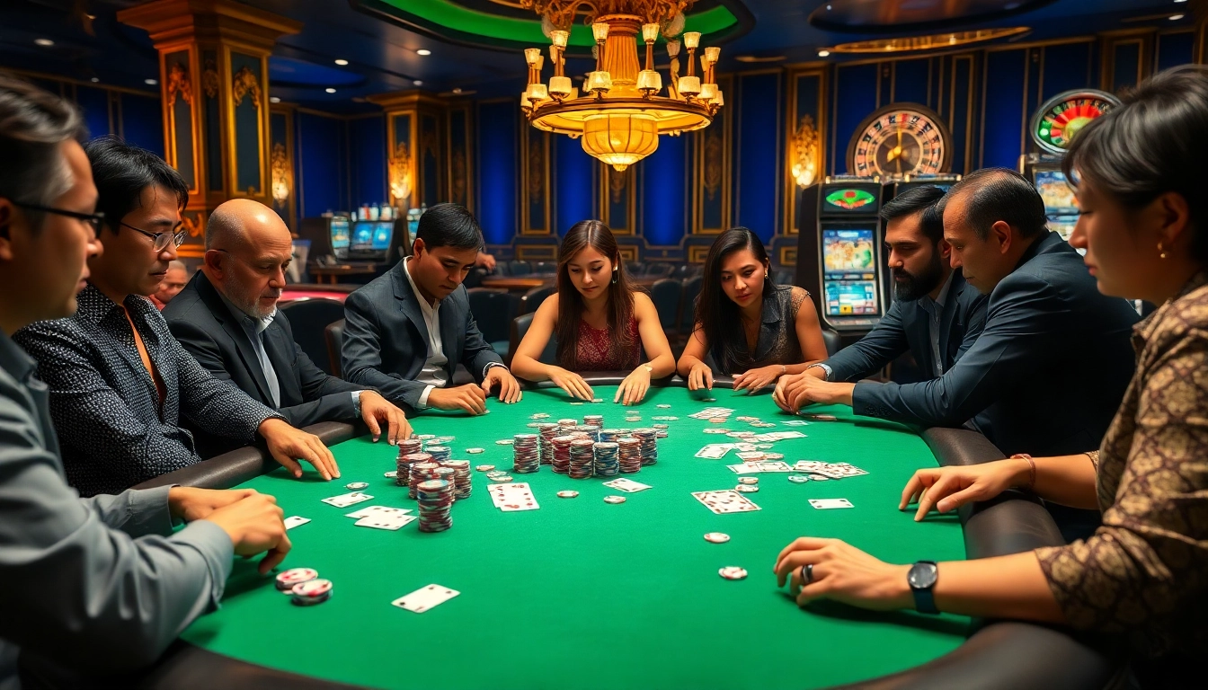 Players strategizing at a poker table with 78win chips, showcasing an engaging casino atmosphere.