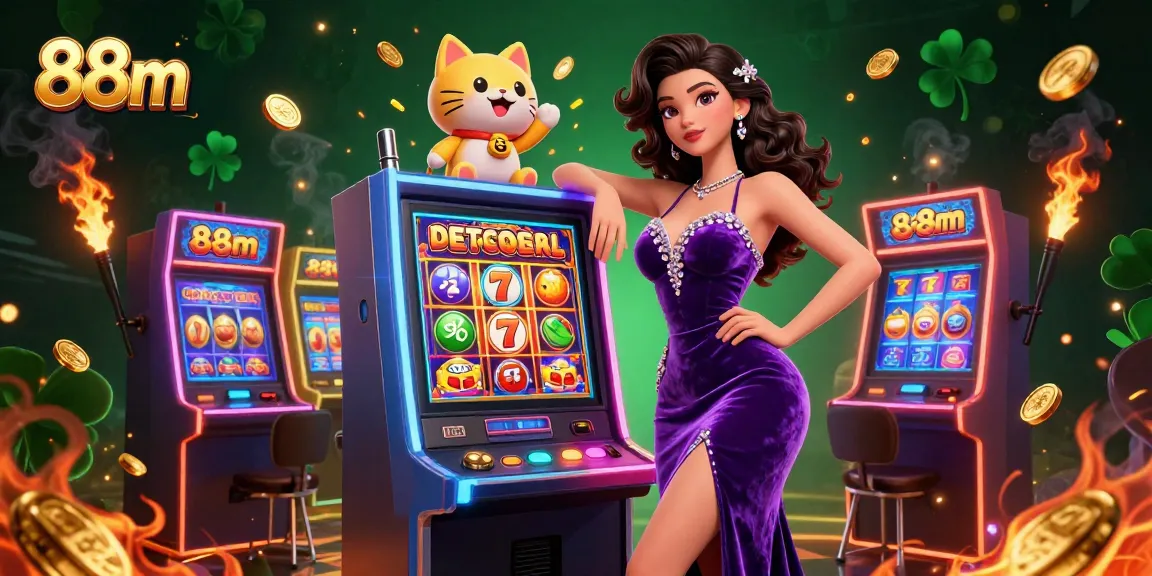 Engage and win big at 88m with a lucky slot machine and fortune cat in this vibrant casino scene.