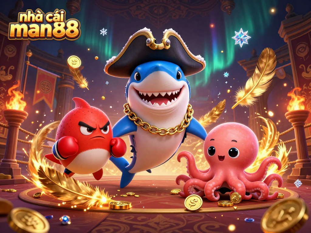 nhà cái man88 offers thrilling gambling experiences with a vibrant casino-themed illustration featuring characters and gold coins.