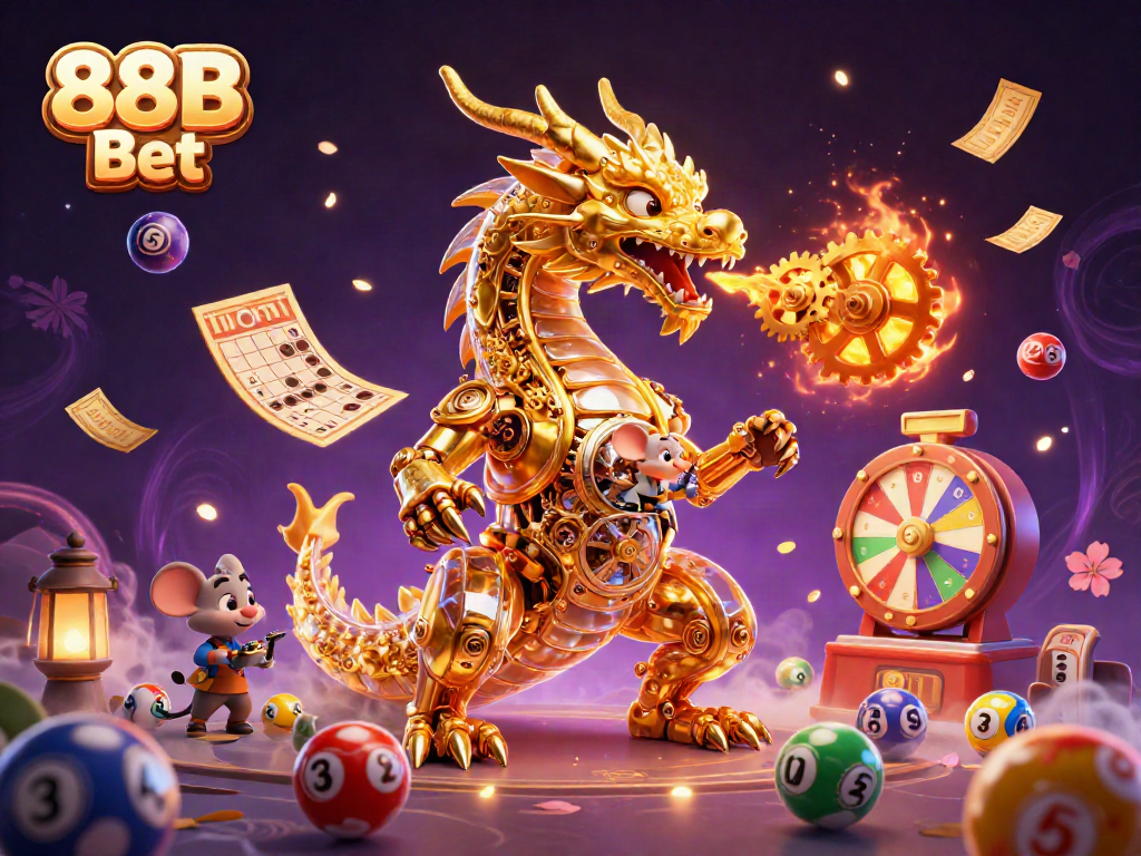 Experience the excitement of 88B Bet with vibrant casino elements and a golden dragon character.
