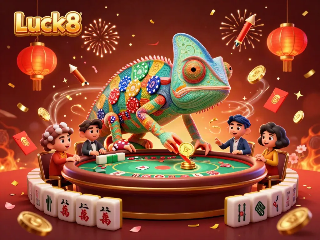 Engage with Luck8's vibrant casino world, where a giant chameleon owner captures excitement amidst dynamic game elements.