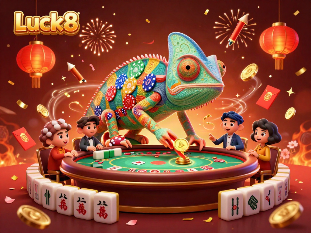 Engage with Luck8's vibrant casino world, where a giant chameleon owner captures excitement amidst dynamic game elements.