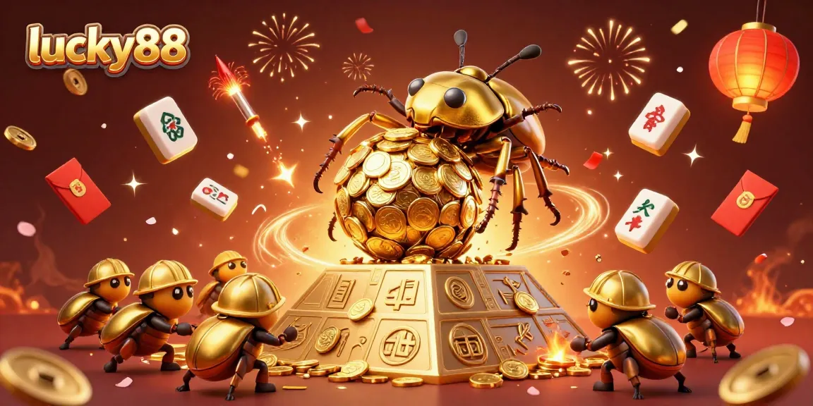 Experience the excitement of lucky88 with a vibrant, interactive casino-themed scene featuring golden beetles and fireworks.