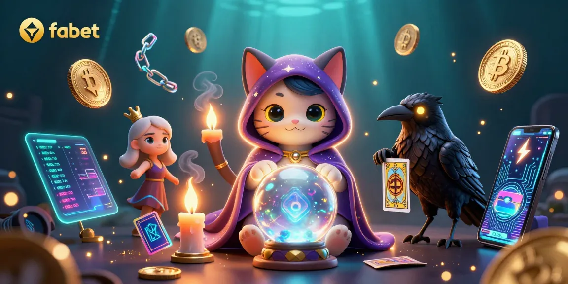 Experience the fabet magic with a cartoon fortune teller cat and a tarot raven immersed in a crypto-themed casino!