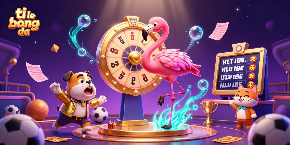Engaging scene of ti le bong da sports betting with a flamingo host, bulldog contestant, and prizes