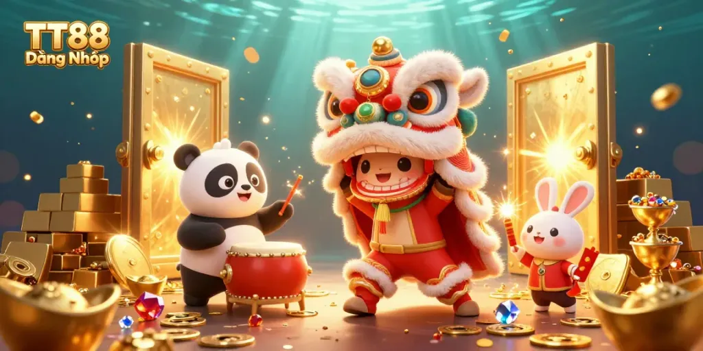 TT88 Đăng Nhập in a vibrant casino scene featuring a lion dance, treasure, gold bars, and festive decor.