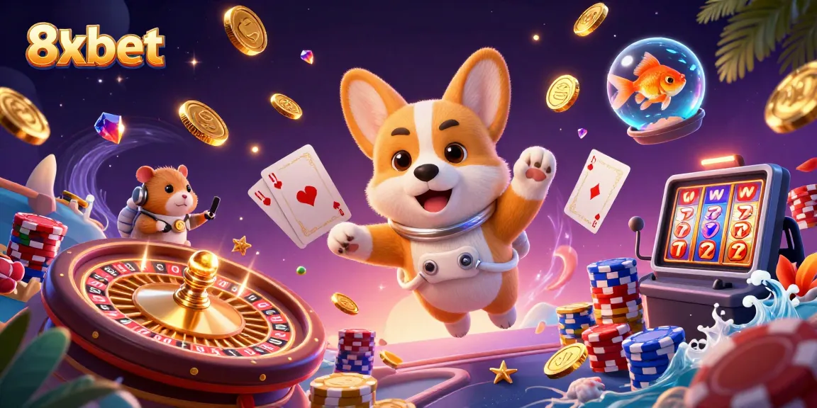 Experience the thrill of 8xbet casino with a vibrant 3D illustration of gaming fun and excitement.