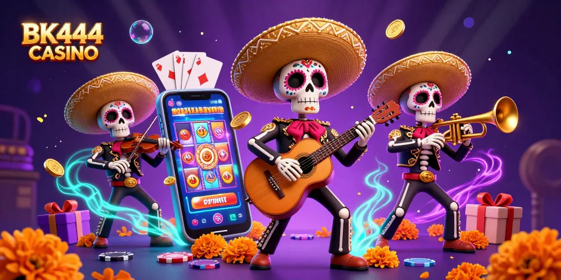 Experience the vibrant action of BK444 CASINO with skeleton musicians and thrilling game elements in a colorful 3D scene.