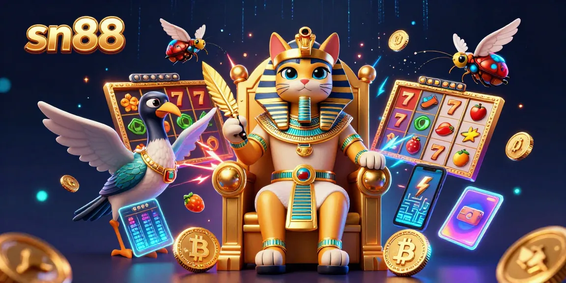 Engage with sn88, featuring a vibrant casino scene with slot reels and dynamic characters.