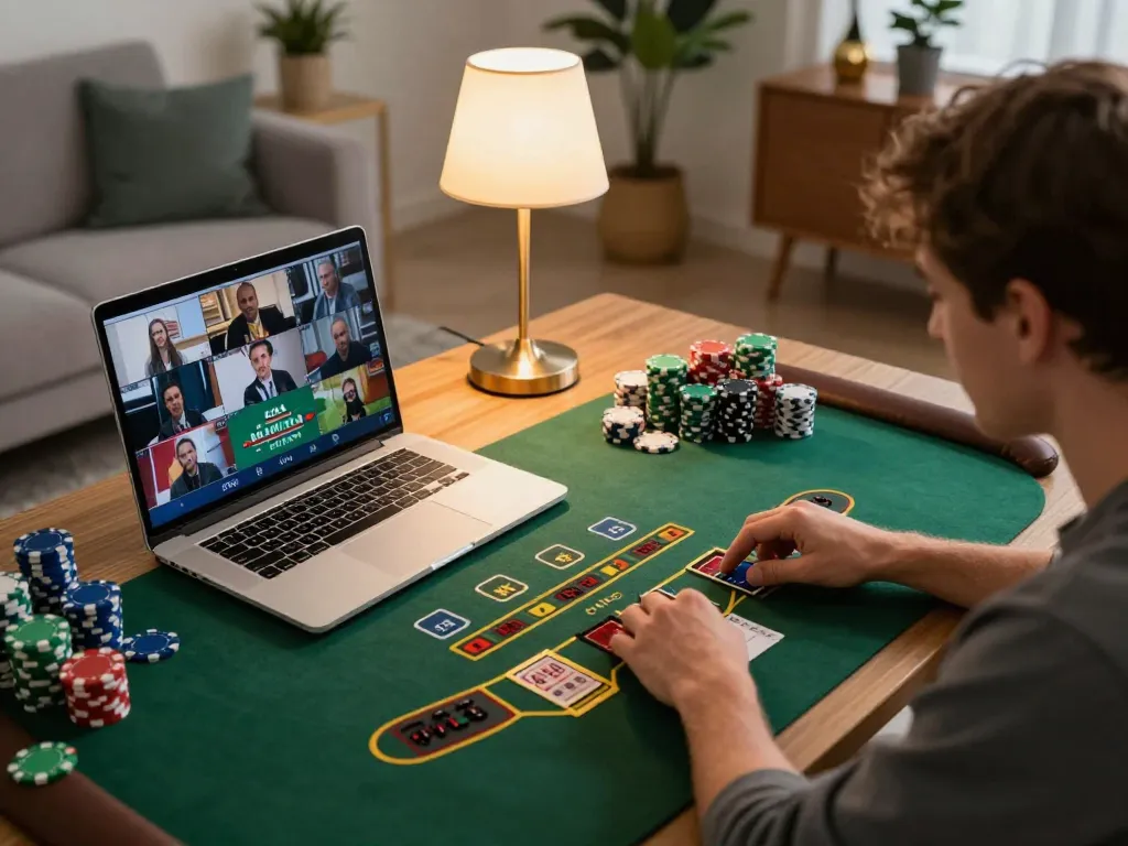 Engaging online blackjack gameplay setup with Go8 strategies highlighted, cozy home decor enhancing strategic focus.