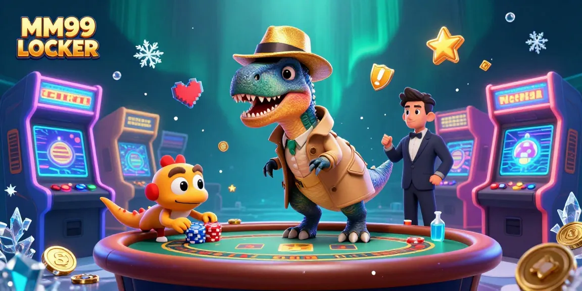 Engage with the thrilling MM99 LOCKER environment featuring a cartoon velociraptor card counter amidst vibrant casino elements.