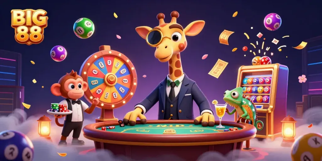 Experience the excitement of BIG 88 with a vibrant casino scene featuring a high-roller giraffe and playful characters.