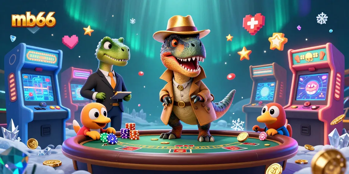 mb66 features a 3D velociraptor at a blackjack table, blending gaming with vibrant casino elements.