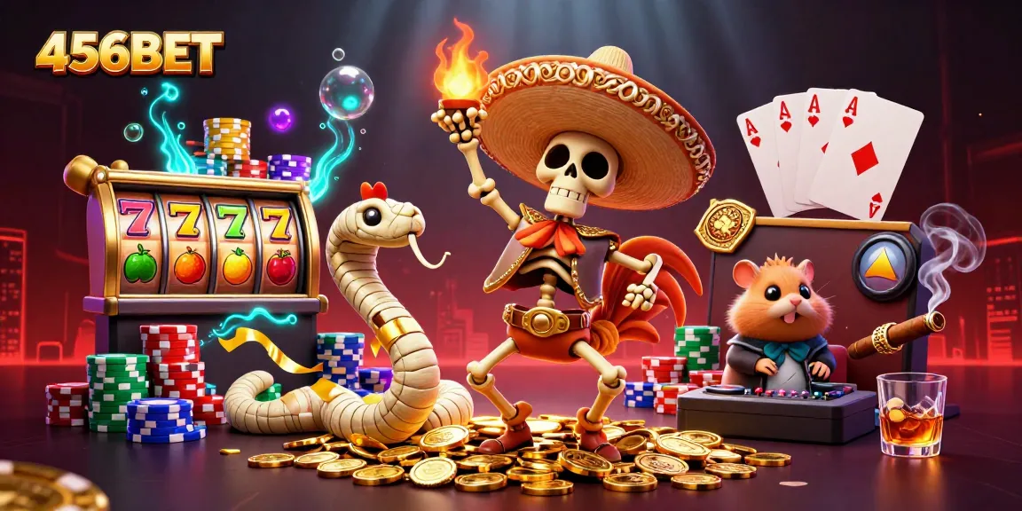 Experience the thrill of 456BET with a lively 3D illustration featuring a mariachi rooster, mummy snake, and DJ hamster celebrating on golden coins amidst dynamic slot reels.
