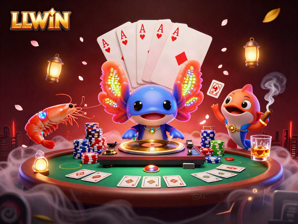 LLWIN showcases vibrant casino fun with neon characters and dynamic poker elements.