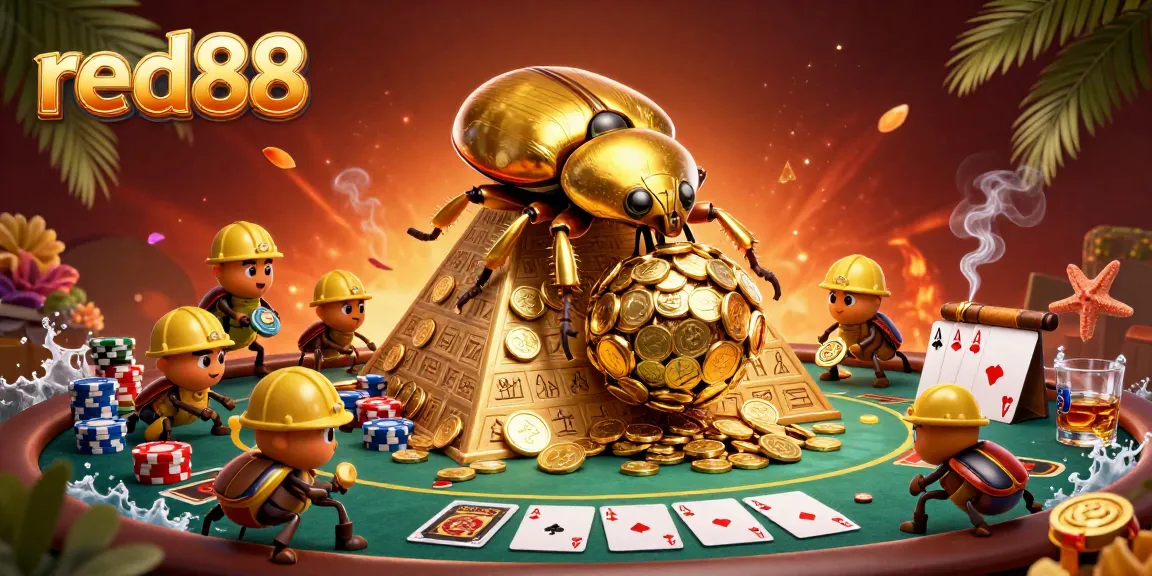Experience red88's vibrant casino ambiance with cartoon beetles and gold coin treasures.