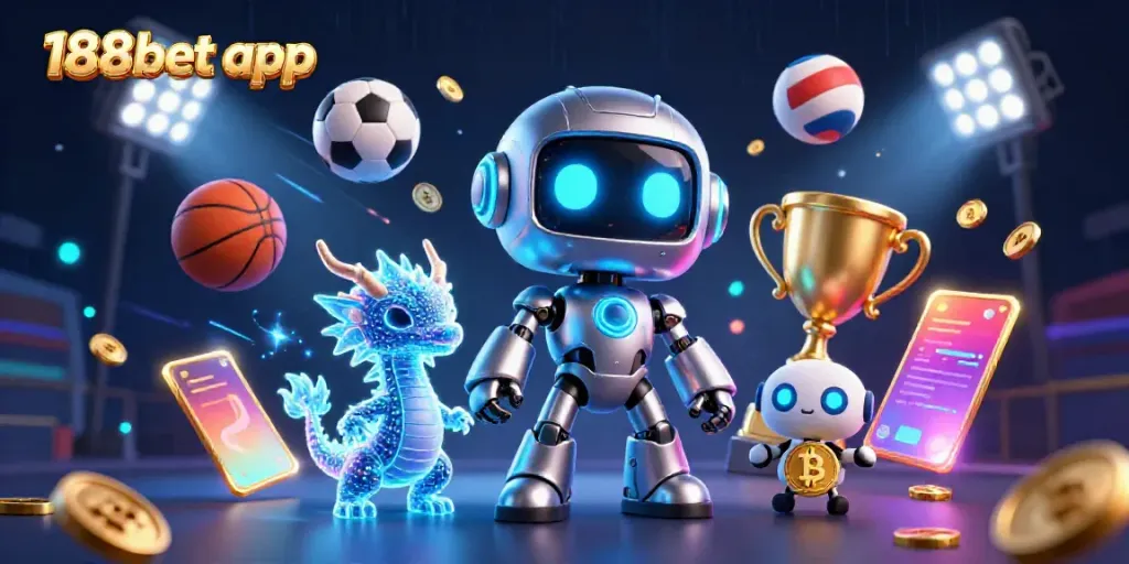 Experience the 188bet app with our dynamic 3D illustration of a cyberpunk mascot, sports elements, and betting excitement.