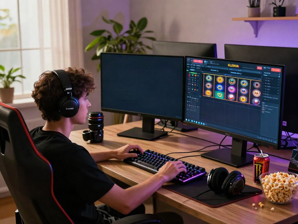 Engaging SLOT88 gaming scene with a focused player, vibrant game display, cozy home setup.