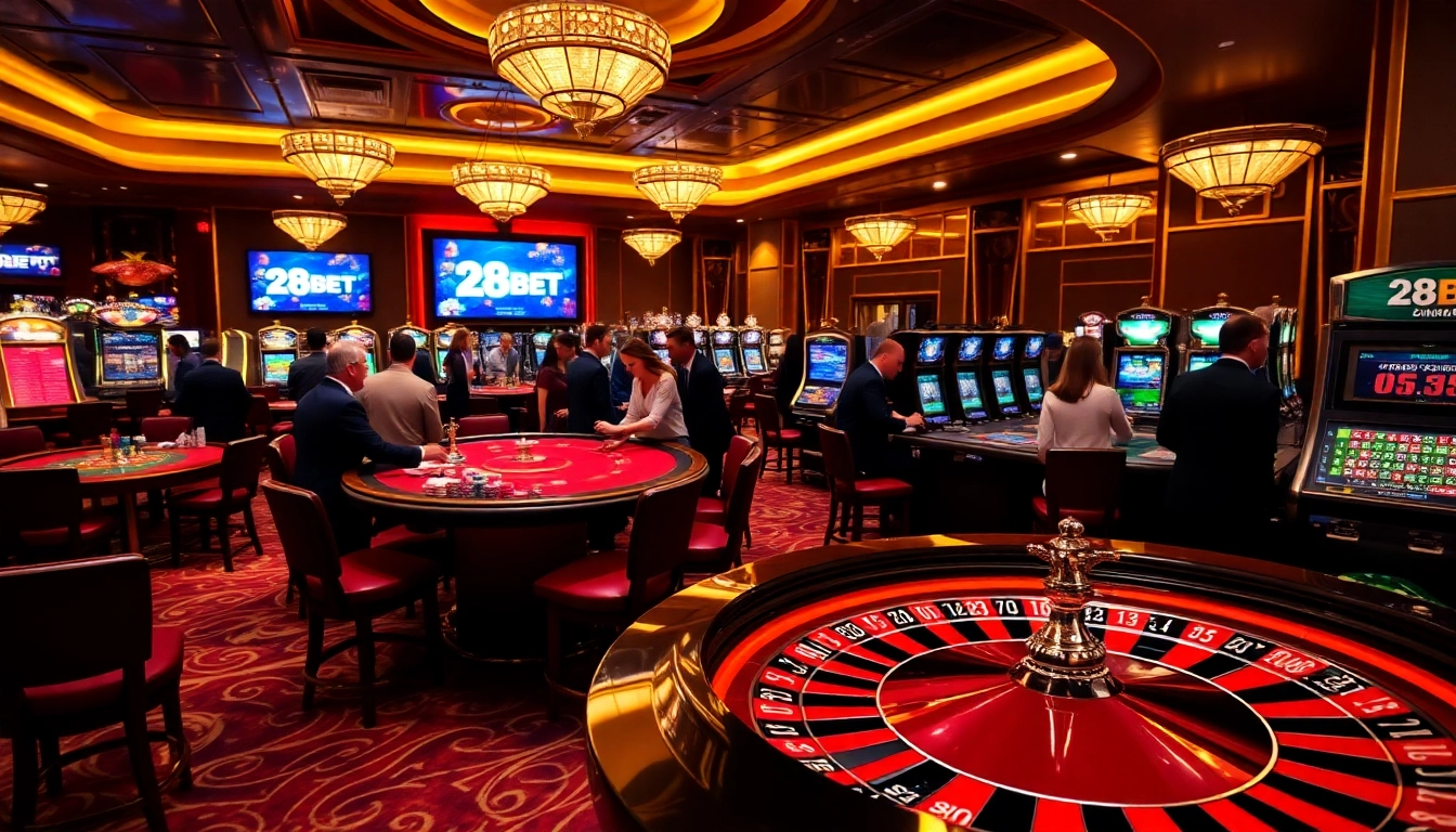 Experience the thrill of winning at 28BET with an exciting casino atmosphere featuring tables and slots.