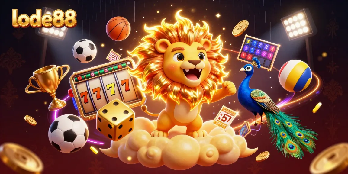 Experience thrilling moments at lode88 with vibrant slot reels, a roaring lion and dynamic sports elements.