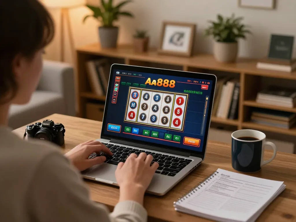Engaged player using aa888 for online gaming, highlighting fun and strategy in a cozy home setting.