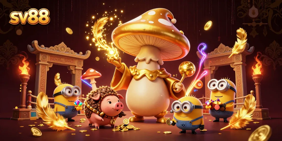 sv88 engages players with a golden mushroom wizard casting magic and treasures in a vibrant casino scene